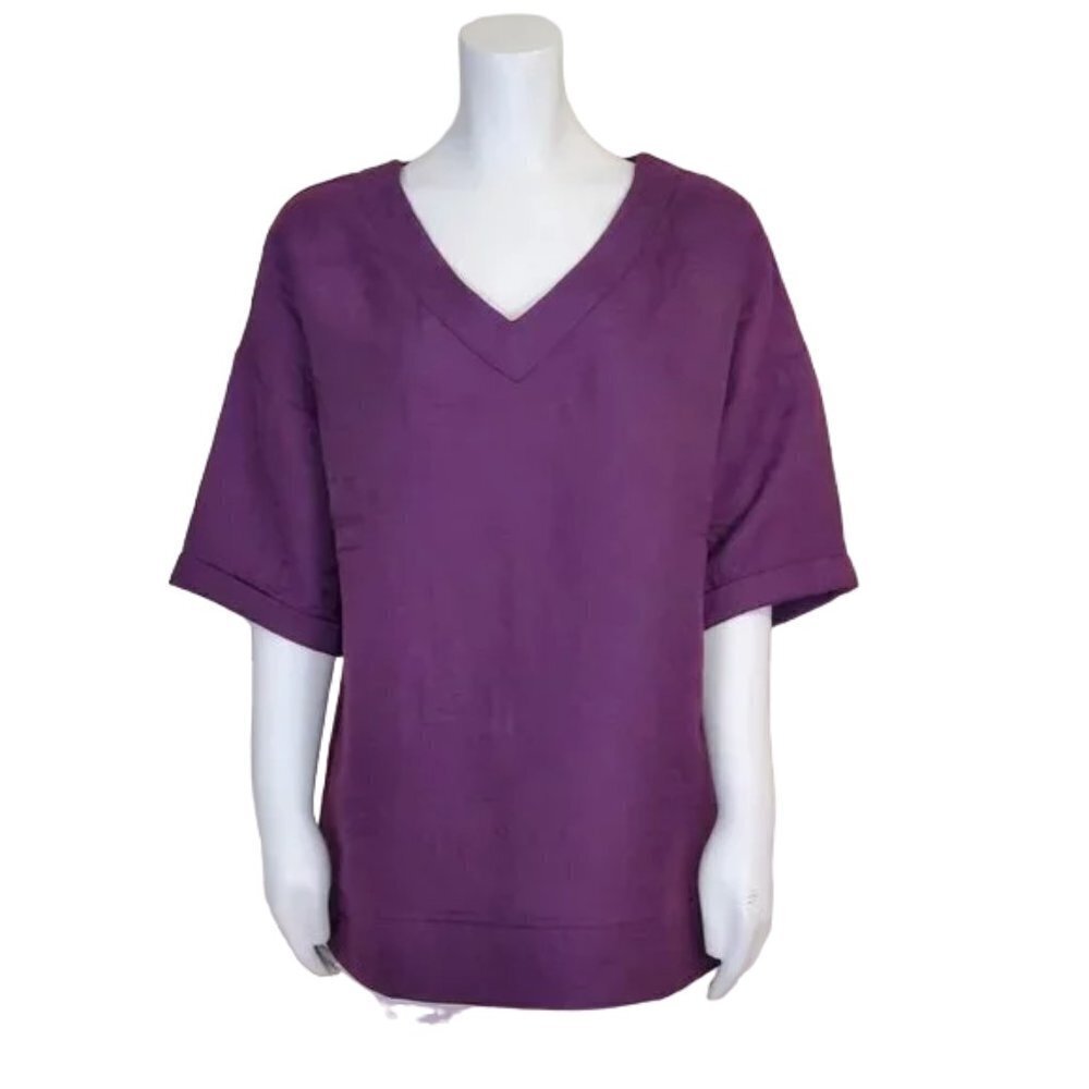 Soft Surroundings Jacquard textured Deep Plum V Neck Relaxed top sz M Popover